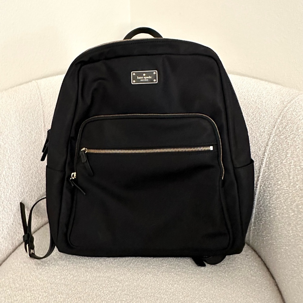 Kate Spade Black Nylon Backpack for Laptop and Travel with 3 Zip Compartments
